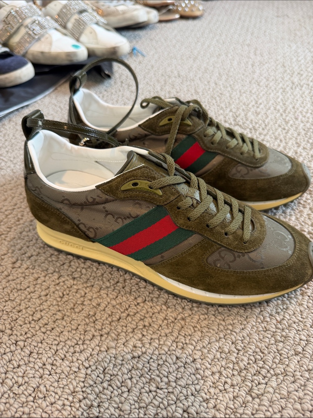 Gucci women Olive Green Web Stripe Runner Sneakers